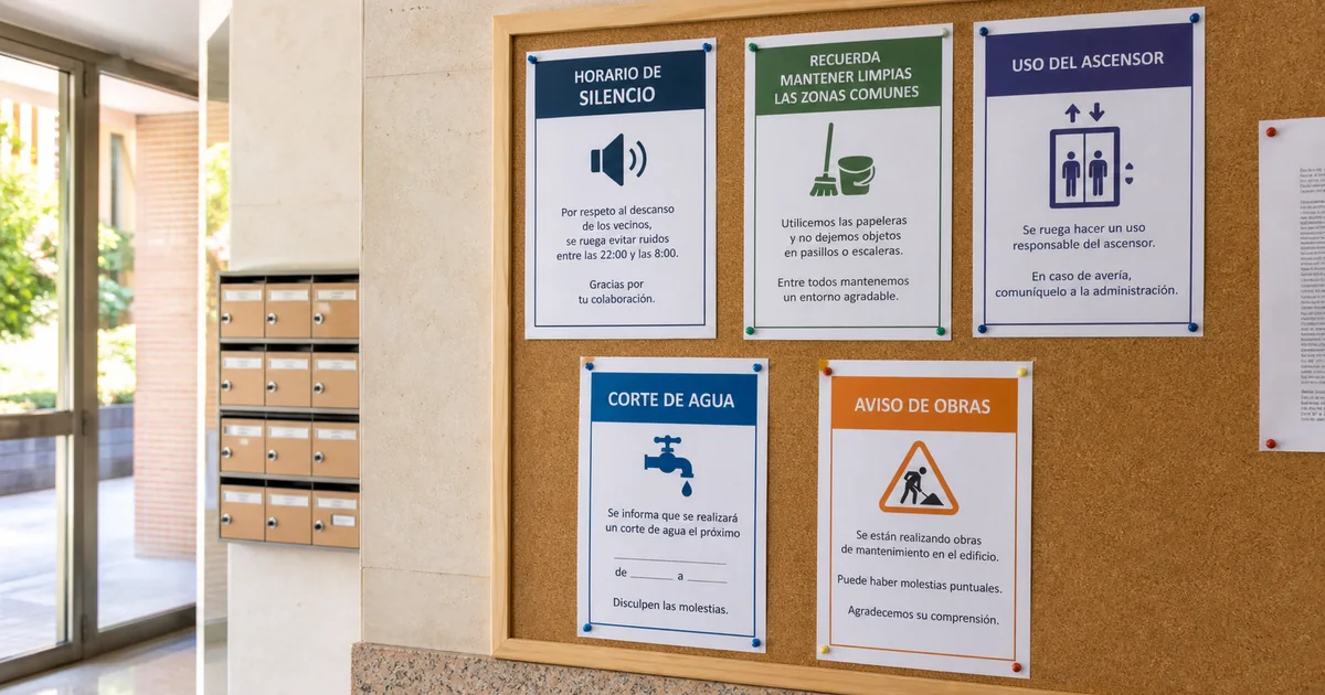 Carteles imprimibles para ruido, limpieza, ascensor, agua y obras en una comunidad de vecinos